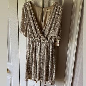 Alter’d State Sparkly Sequin V Neck Dress in Champagne